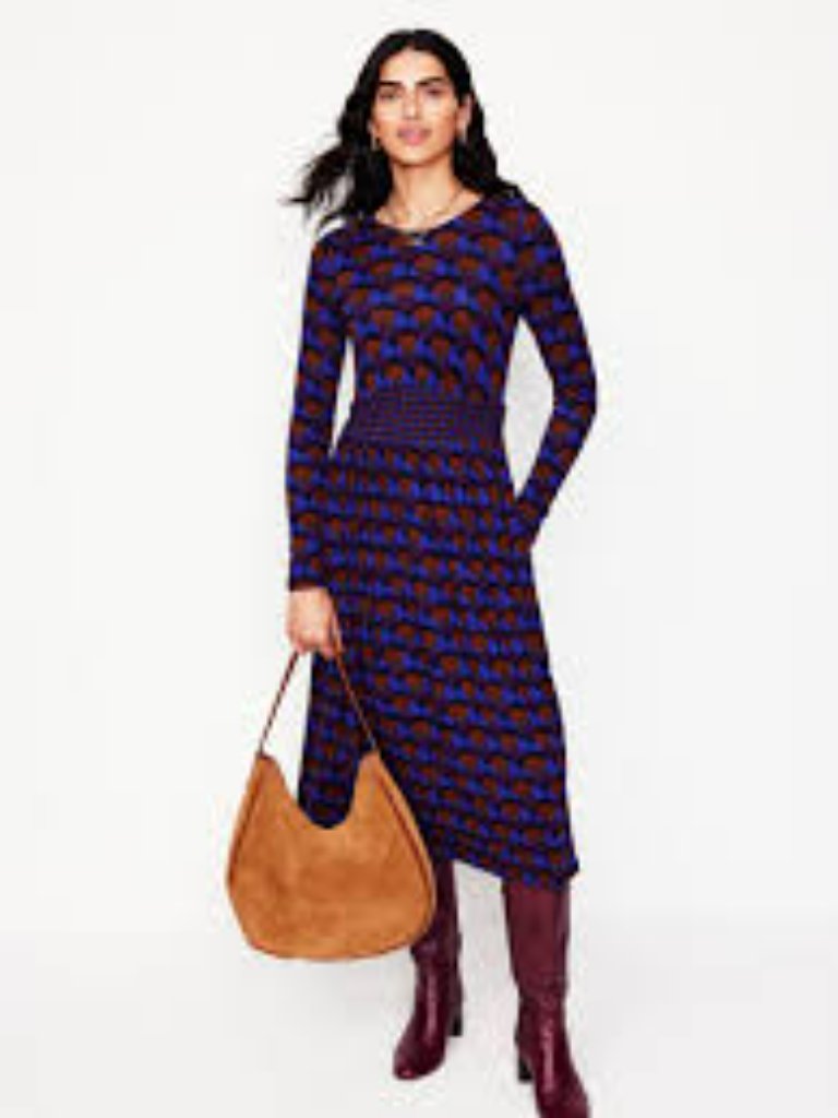 Boho Artsy Preppy Whimsy Boden Jersey Burgundy Navy Blue Purple Midi Dress Us 12